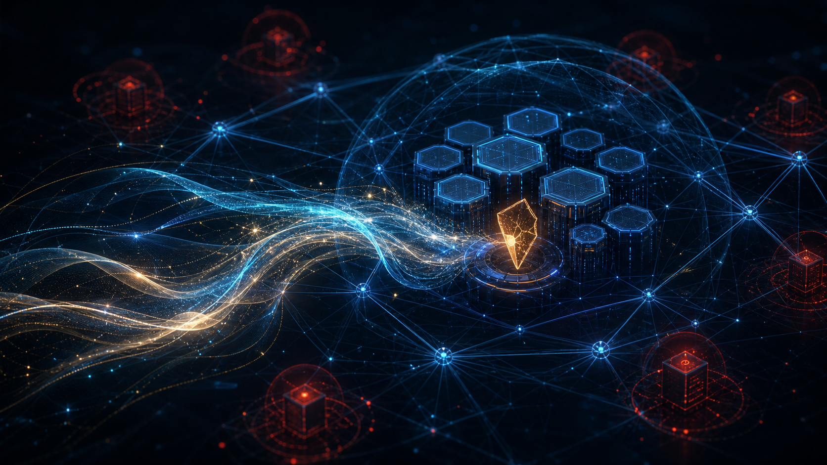 Réseau maillé de sécurité traversé par un agent IA et des nœuds non autorisés autour d’un cluster Kubernetes.