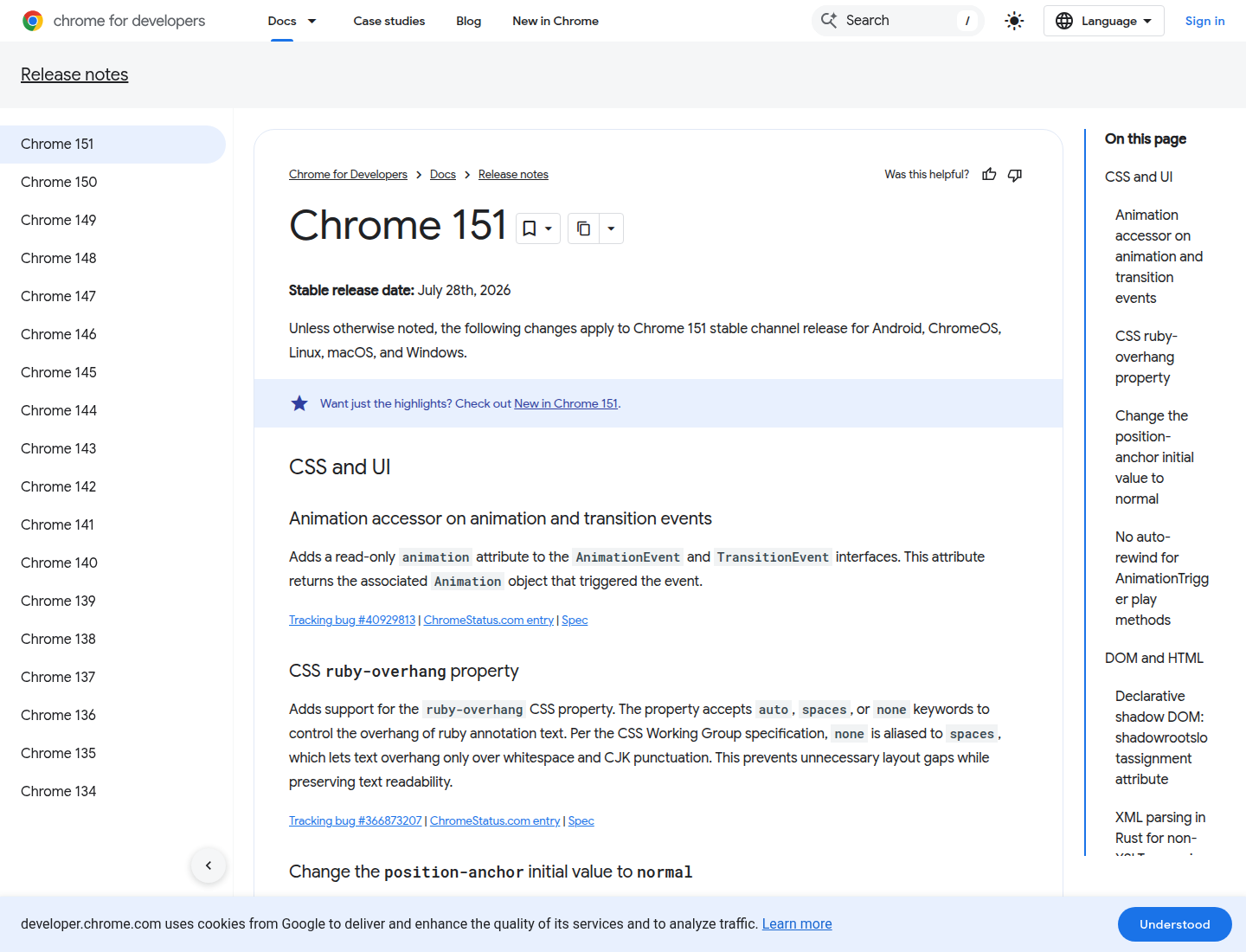 Capture des notes de version officielles de Chrome 151, avec la date de sortie stable et les changements documentés par Google.