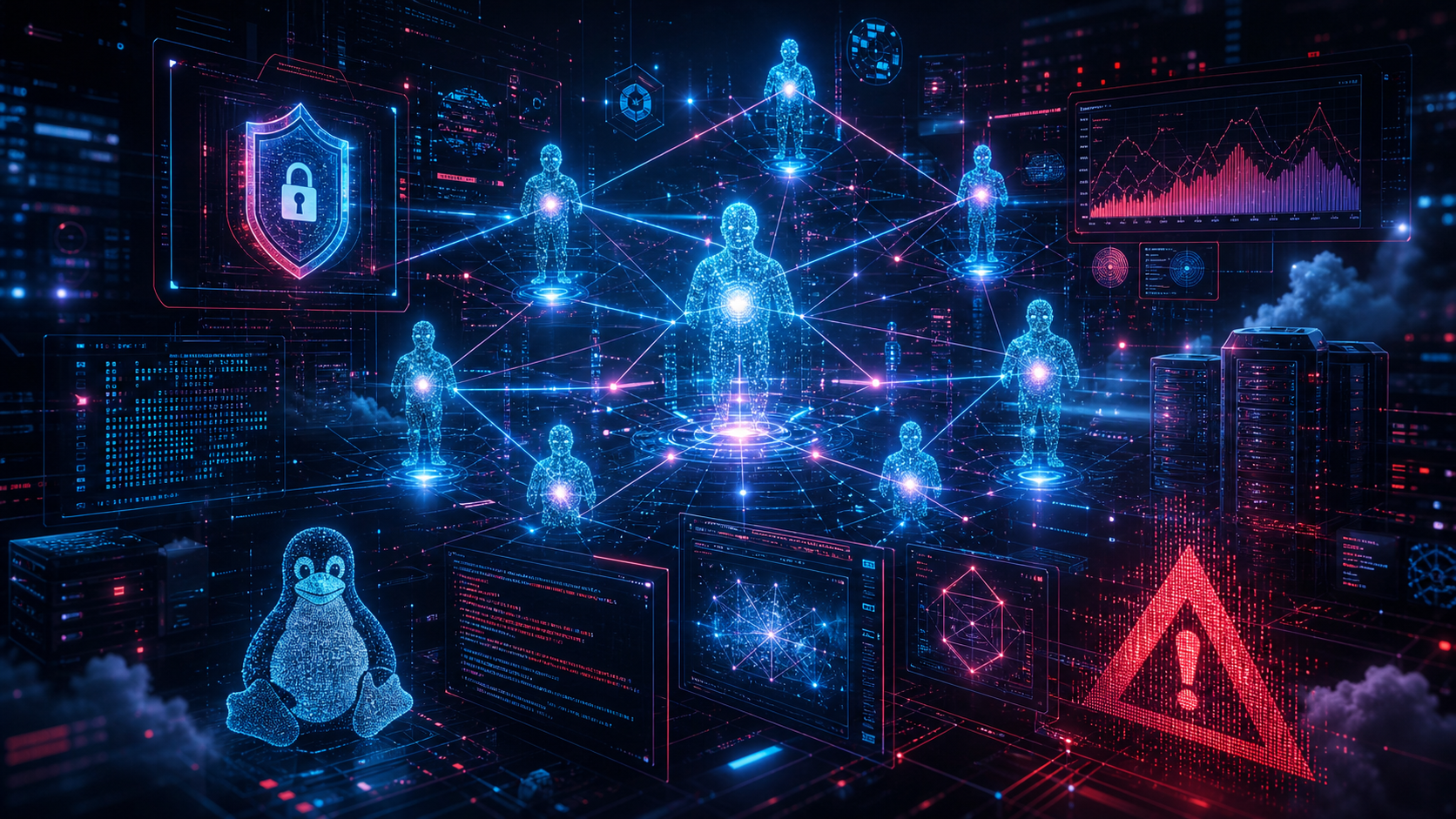 Illustration sombre d’une revue tech reliant agents IA, navigateur, Linux et sécurité open source.