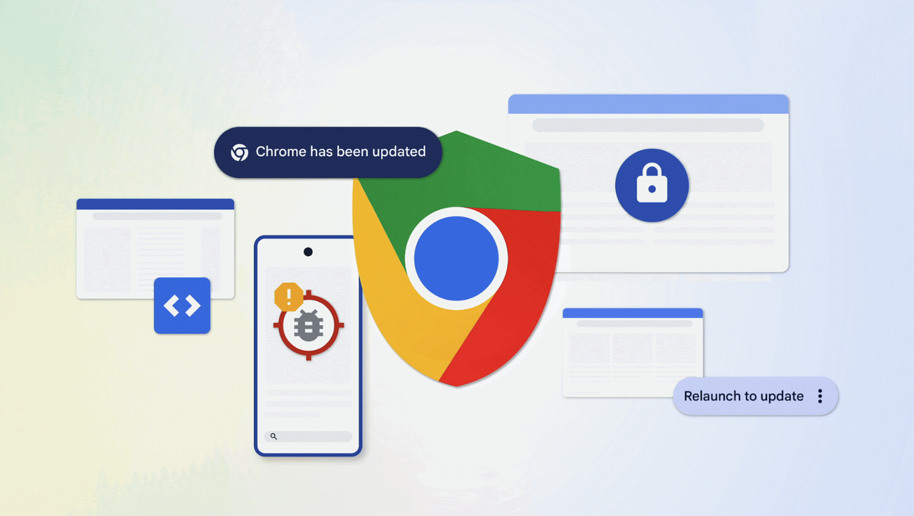 Capture officielle illustrant le travail de sécurité assisté par IA dans Chrome, avec une interface de code et de suivi technique.