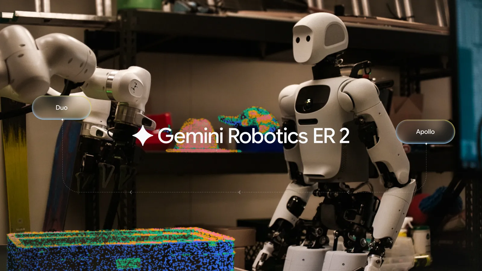 Illustration officielle de Gemini Robotics 2 et du raisonnement incarné dans un environnement robotique.