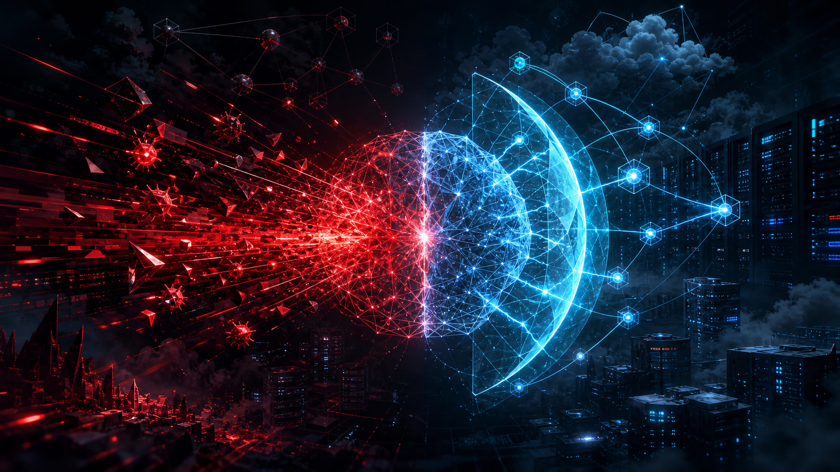 Cœur d’intelligence artificielle pris entre une attaque et un bouclier de cybersécurité, illustration éditoriale.