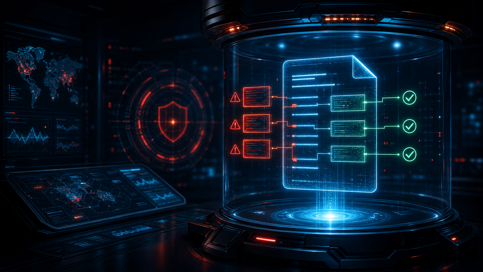 Scanner de sécurité cyberpunk examinant une compétence IA et ses permissions avant installation.