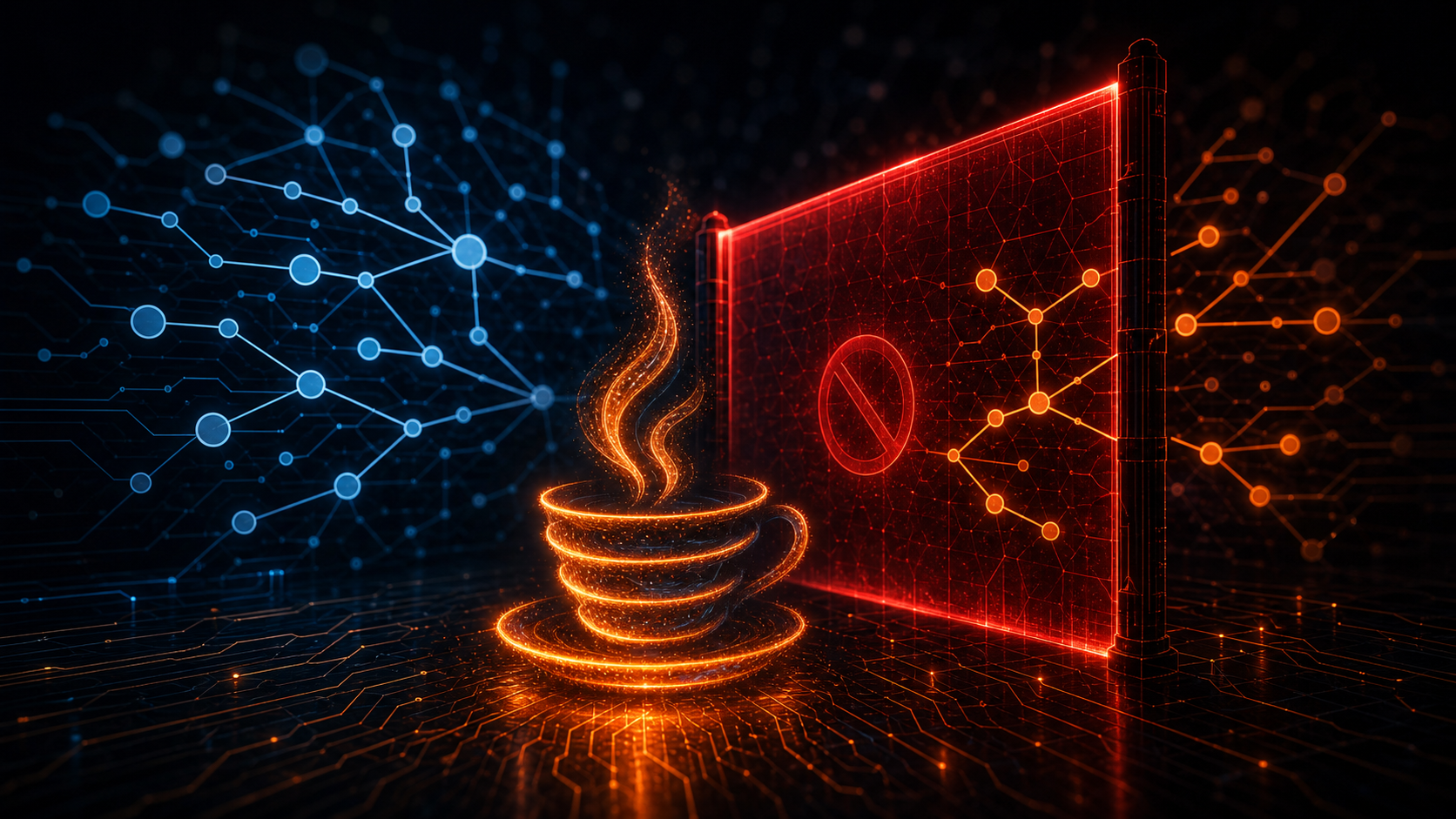 Illustration sombre d’OpenJDK derrière une barrière de conformité face au code généré par IA.