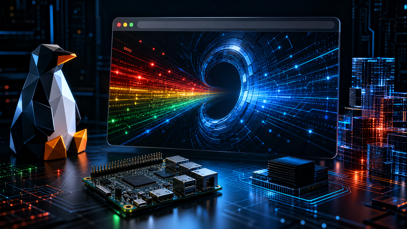 Illustration sombre d’un navigateur et d’une architecture ARM64 sous Linux.