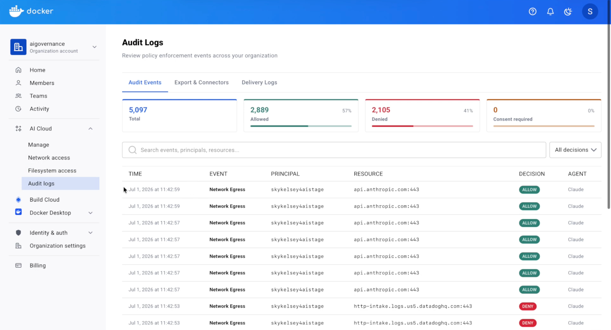 Illustration officielle de Docker AI Governance montrant le principe des journaux d’audit et de leur centralisation.