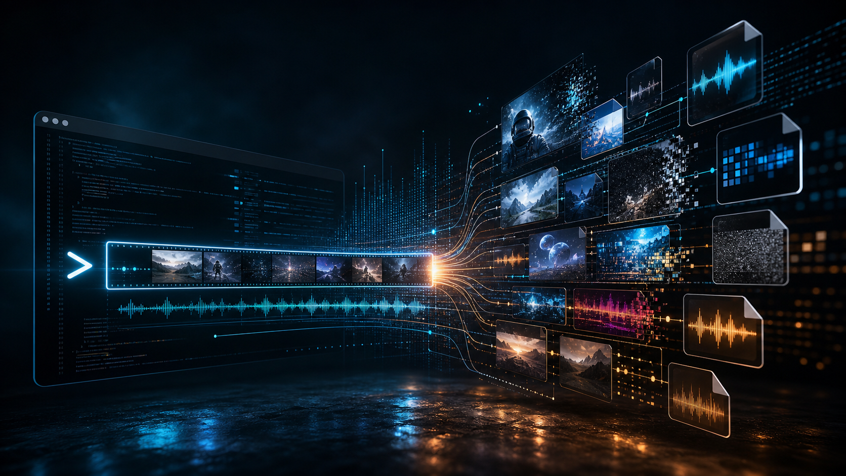Illustration sombre du traitement vidéo et audio avec FFmpeg 9.0