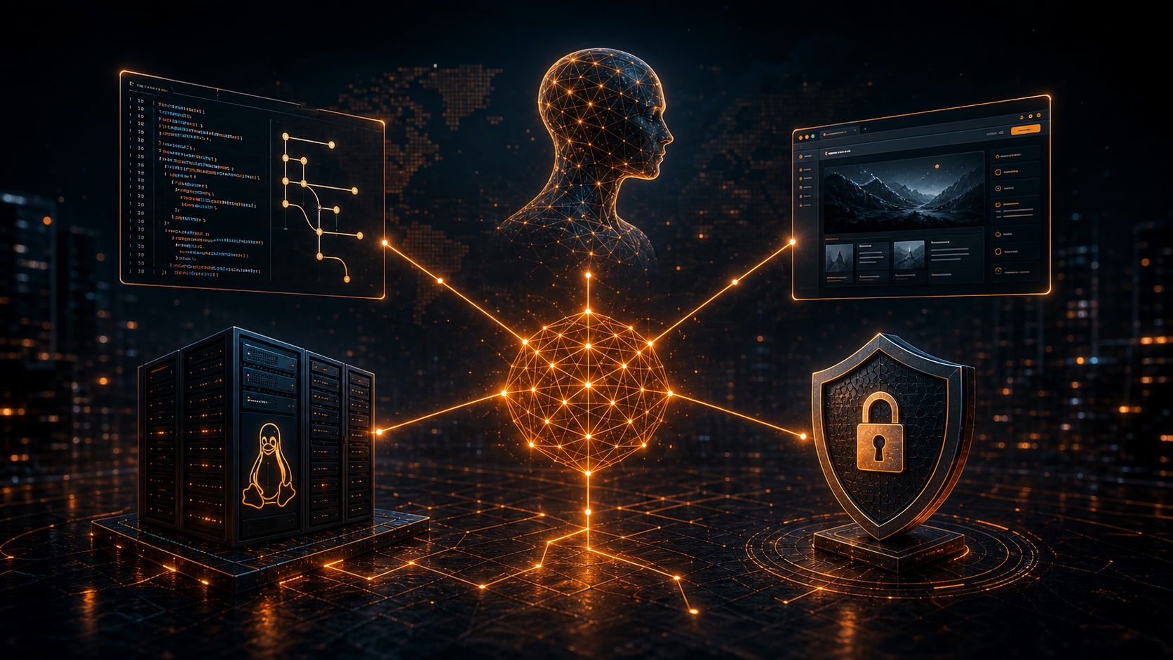 Réseau sombre reliant IA, open source, cybersécurité et logiciels du jour
