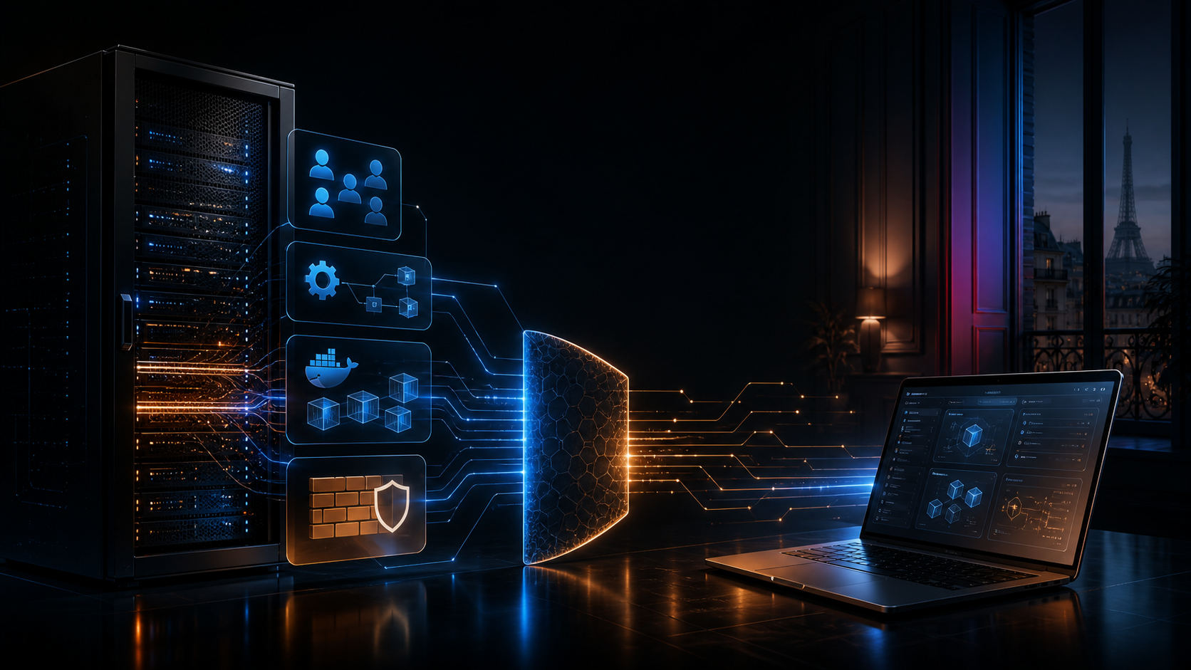 Un serveur Linux auto-hébergé relié à des services Docker et un pare-feu sous contrôle