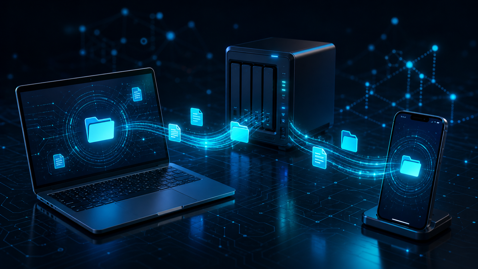 Ordinateur, serveur personnel et téléphone reliés par des flux de synchronisation chiffrés