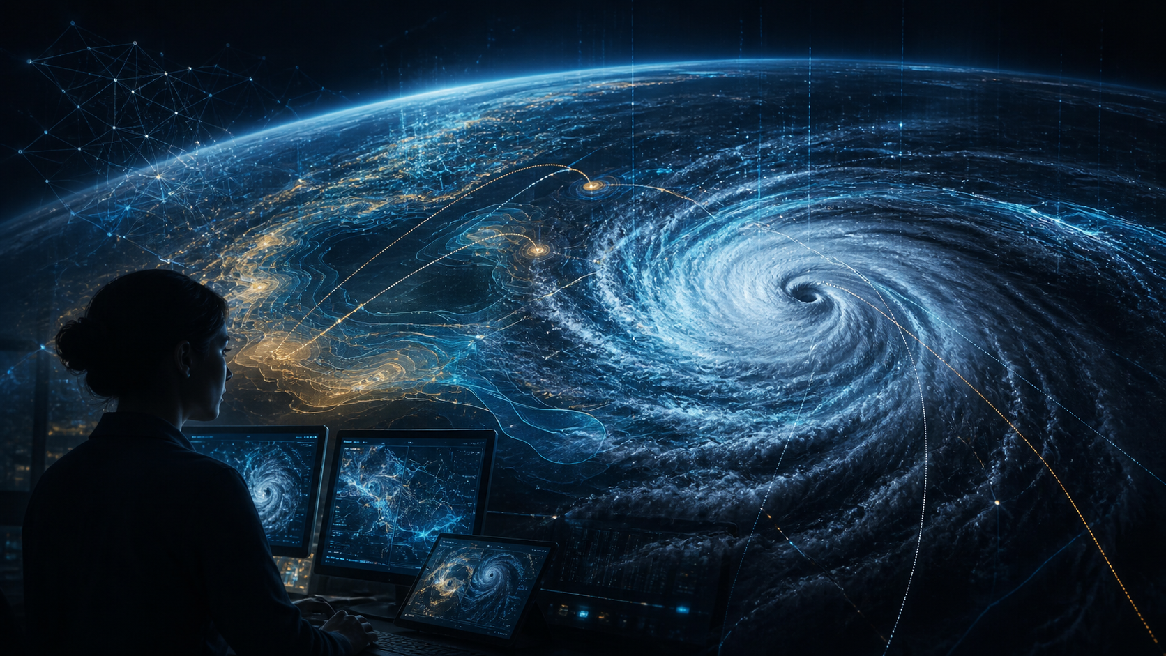 Cyclone vu depuis l’espace avec des trajectoires de prévision et des données atmosphériques.