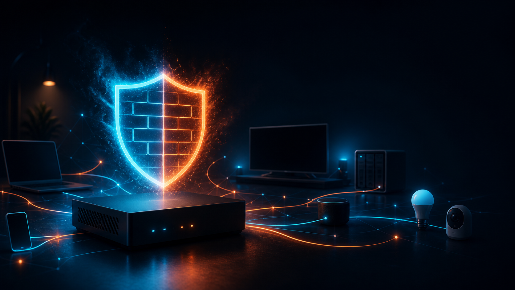 Pare-feu libre protégeant un réseau domestique avec des connexions lumineuses