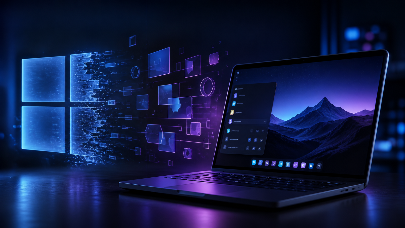 Ordinateur portable et interface Linux libre éclairés par des panneaux bleus et violets