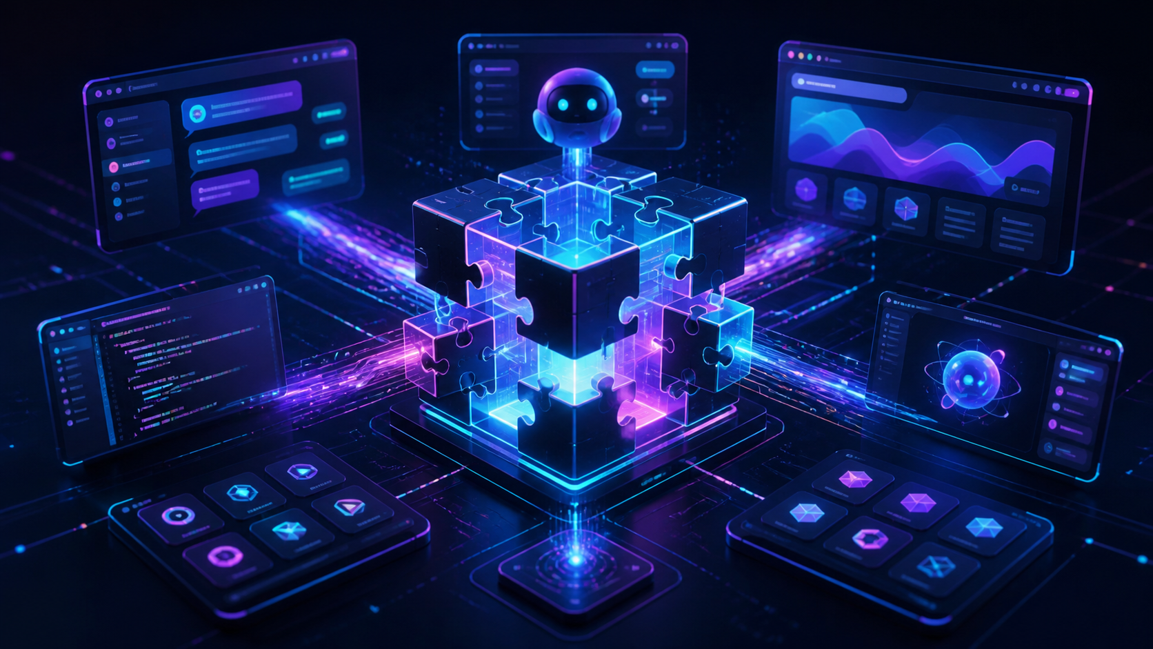 Illustration abstraite de plugins d’agents IA interconnectés, thème sombre et néon.