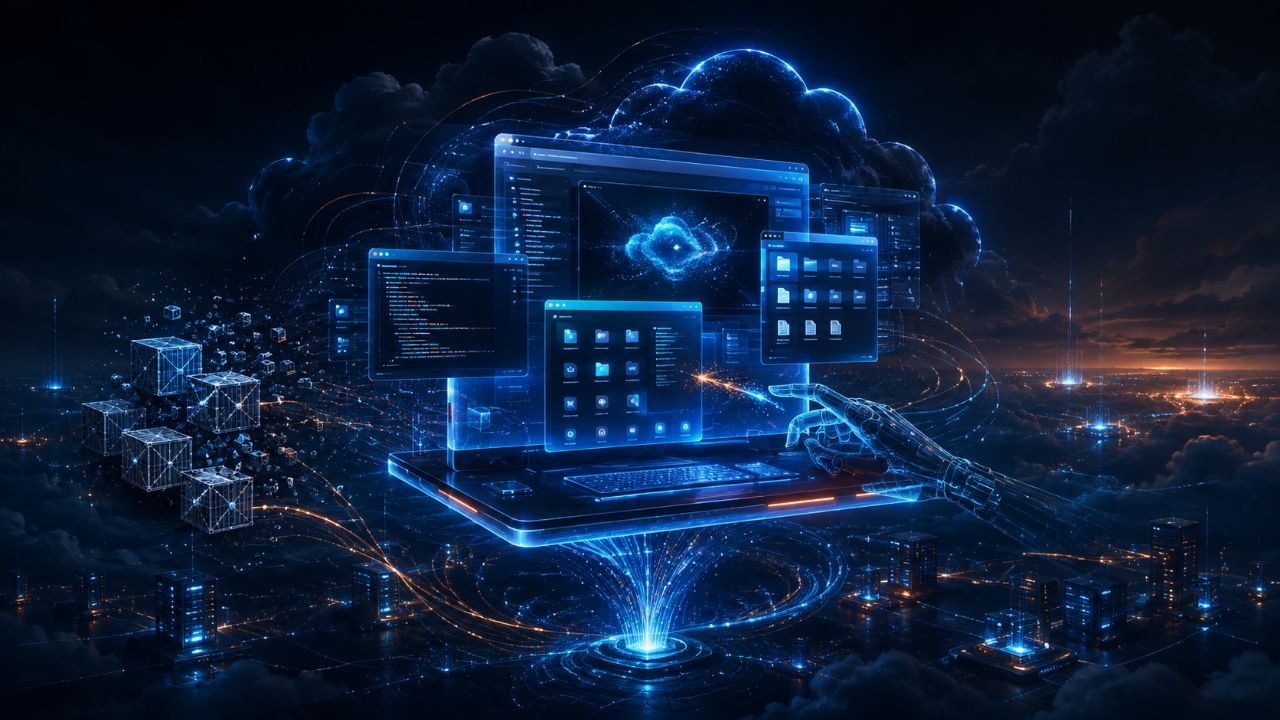 Illustration futuriste d'un ordinateur portable et d'une main robotique, pour l'article Cloudflare Computer