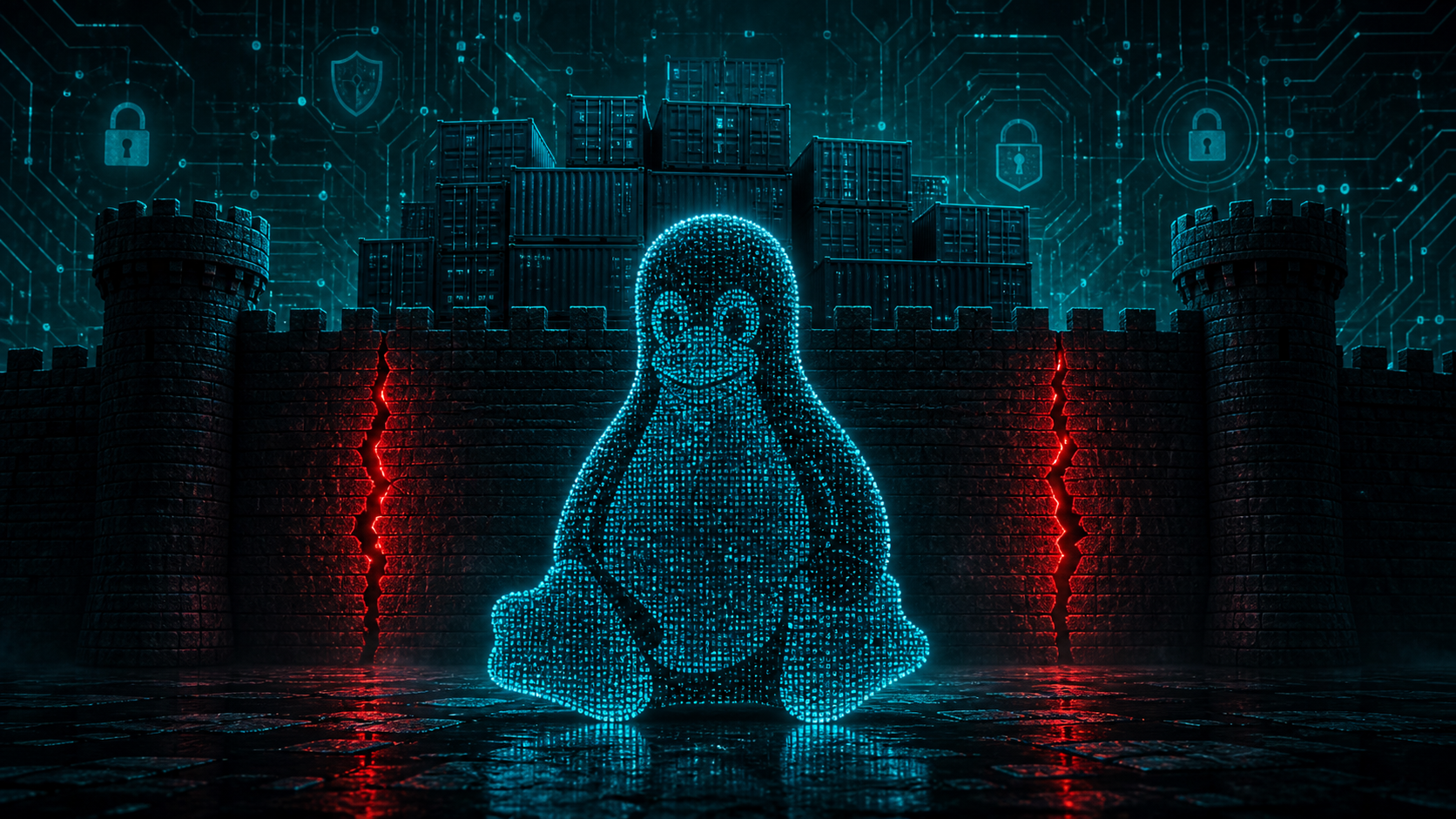 Un manchot Linux en code numérique devant un mur fêlé et des conteneurs empilés, illustration des failles Zapscape et SCTPhantom.