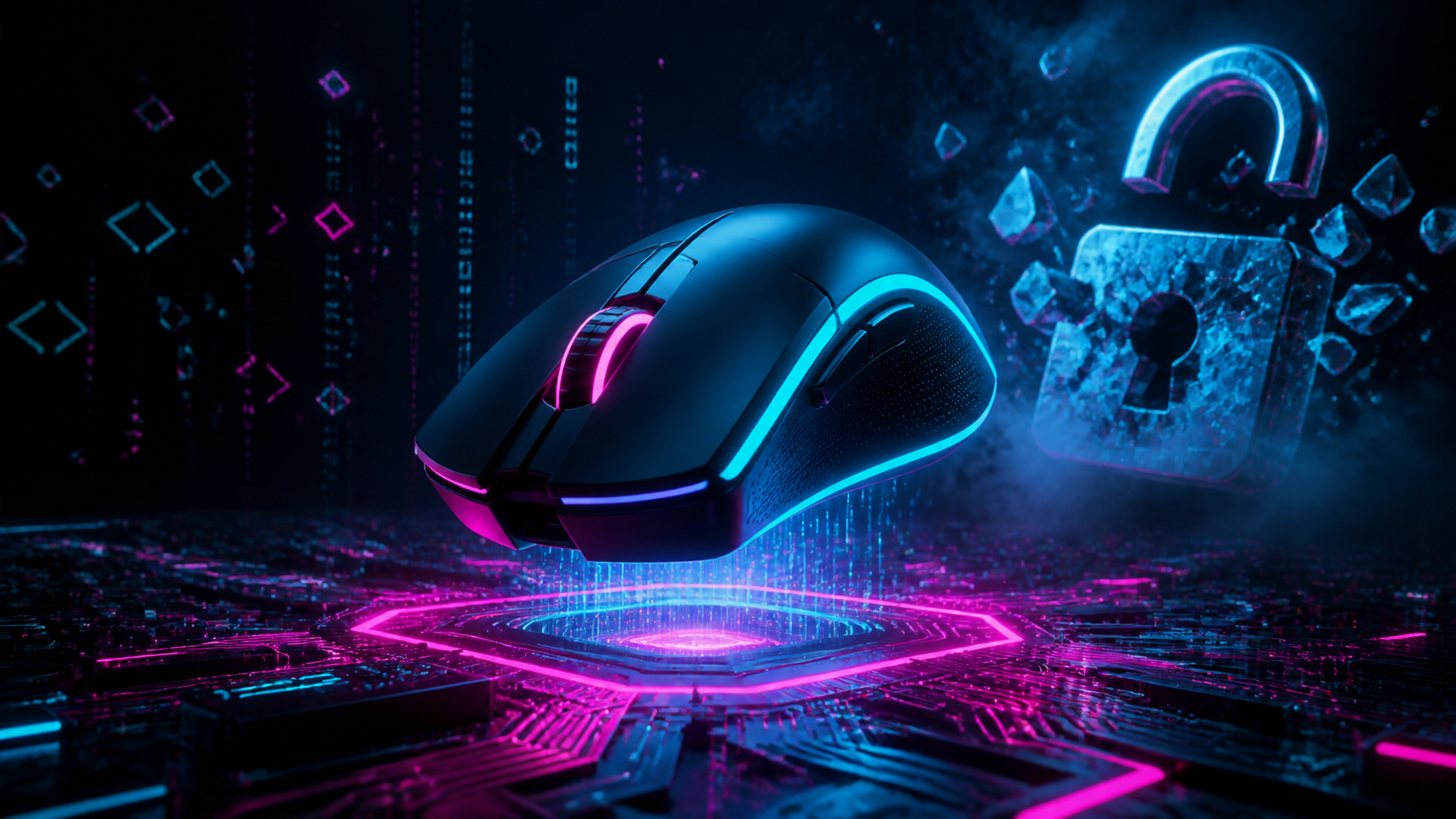 Une souris gaming sans fil au-dessus d'un circuit imprimé, néons cyan et magenta, illustration pour l'arrivée du firmware open source ZGM de Keychron.