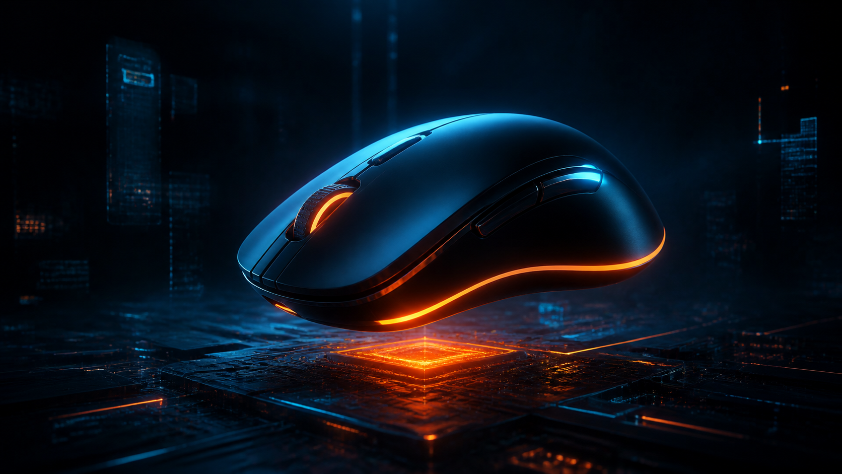 Illustration d’une souris d’ordinateur stylisée posée sur un circuit imprimé, ambiance cyberpunk sombre