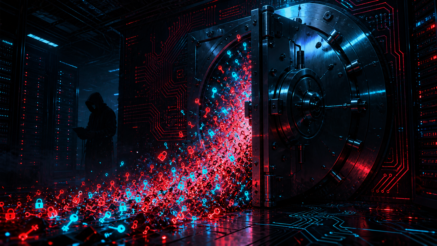 Illustration de couverture : un coffre-fort numérique déverse des identifiants volés dans le darkweb.