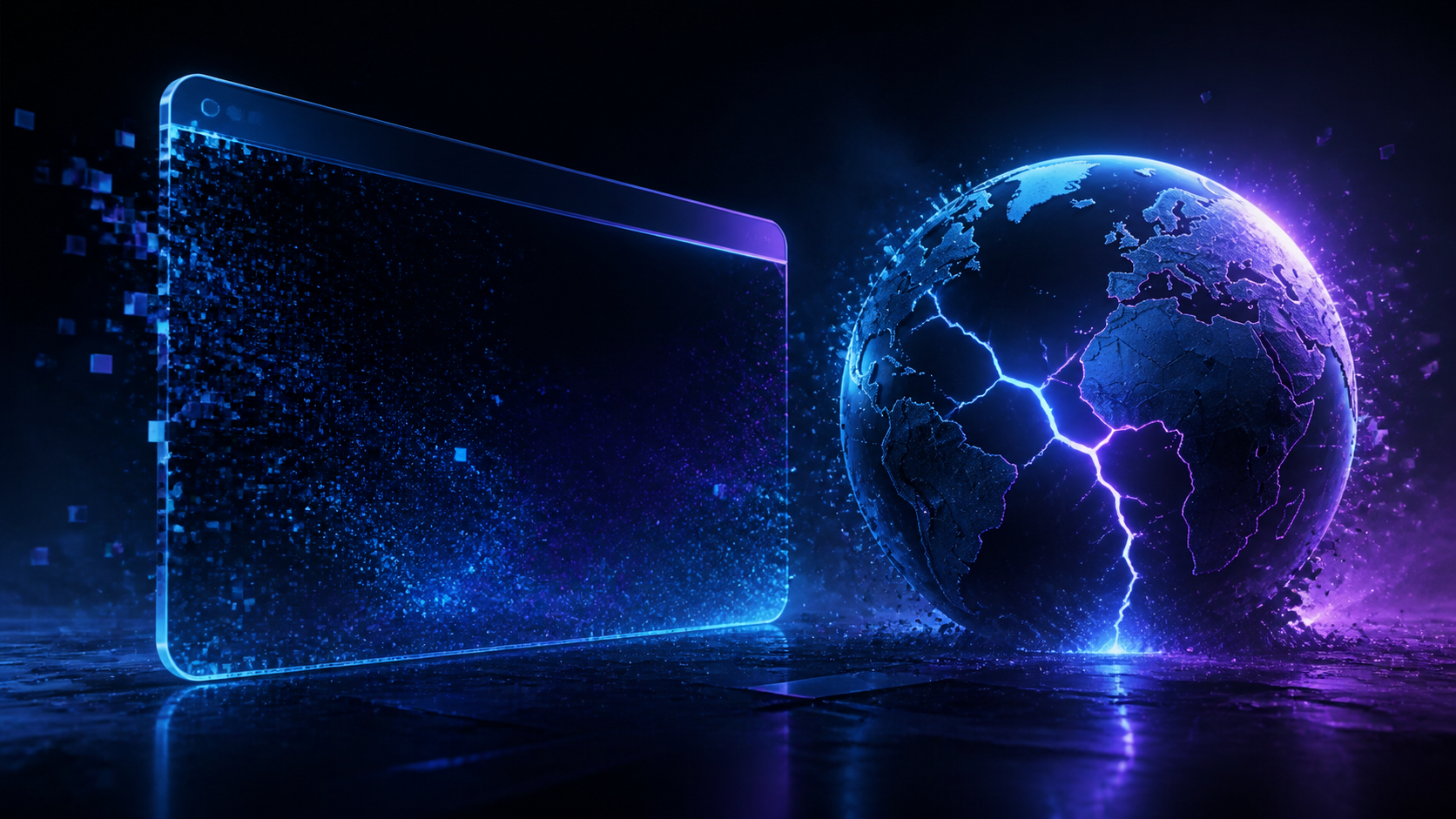 Illustration de couverture : un globe stylisé et une fenêtre de navigateur futuriste qui se dissout en particules, sur fond sombre.