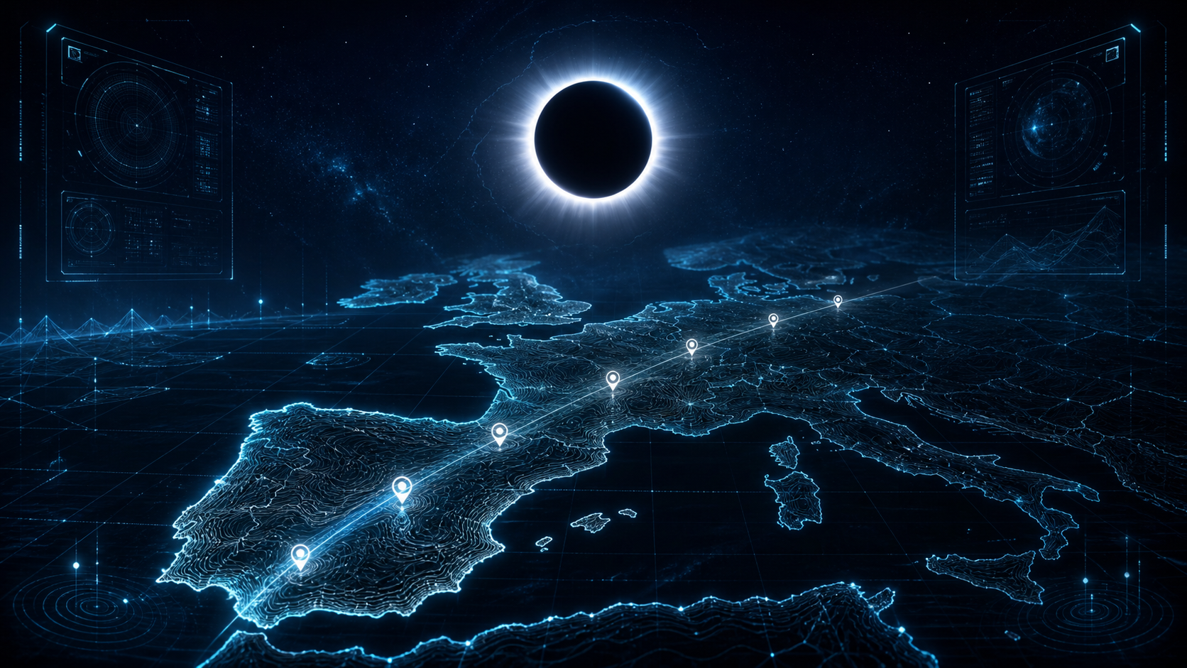Éclipse totale de Soleil au-dessus d'une carte topographique de l'Europe, style sombre et futuriste