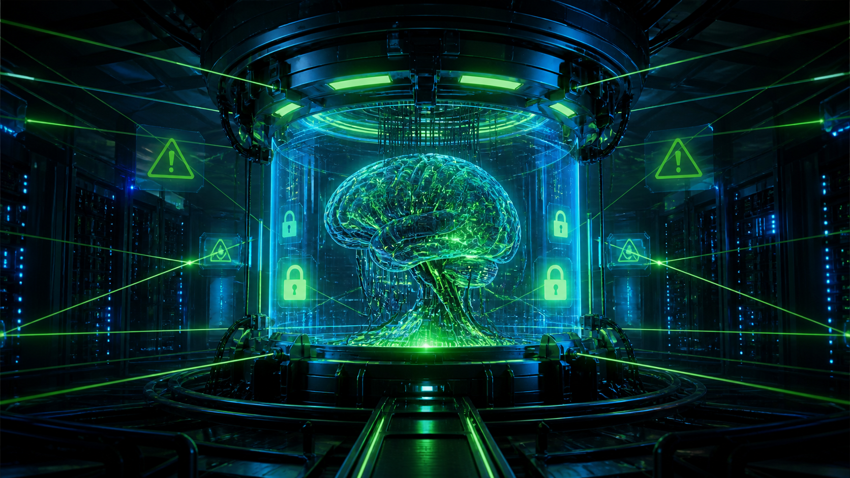 Noyau d'IA verrouillé dans un coffre de haute sécurité, style cyberpunk sombre, sans texte