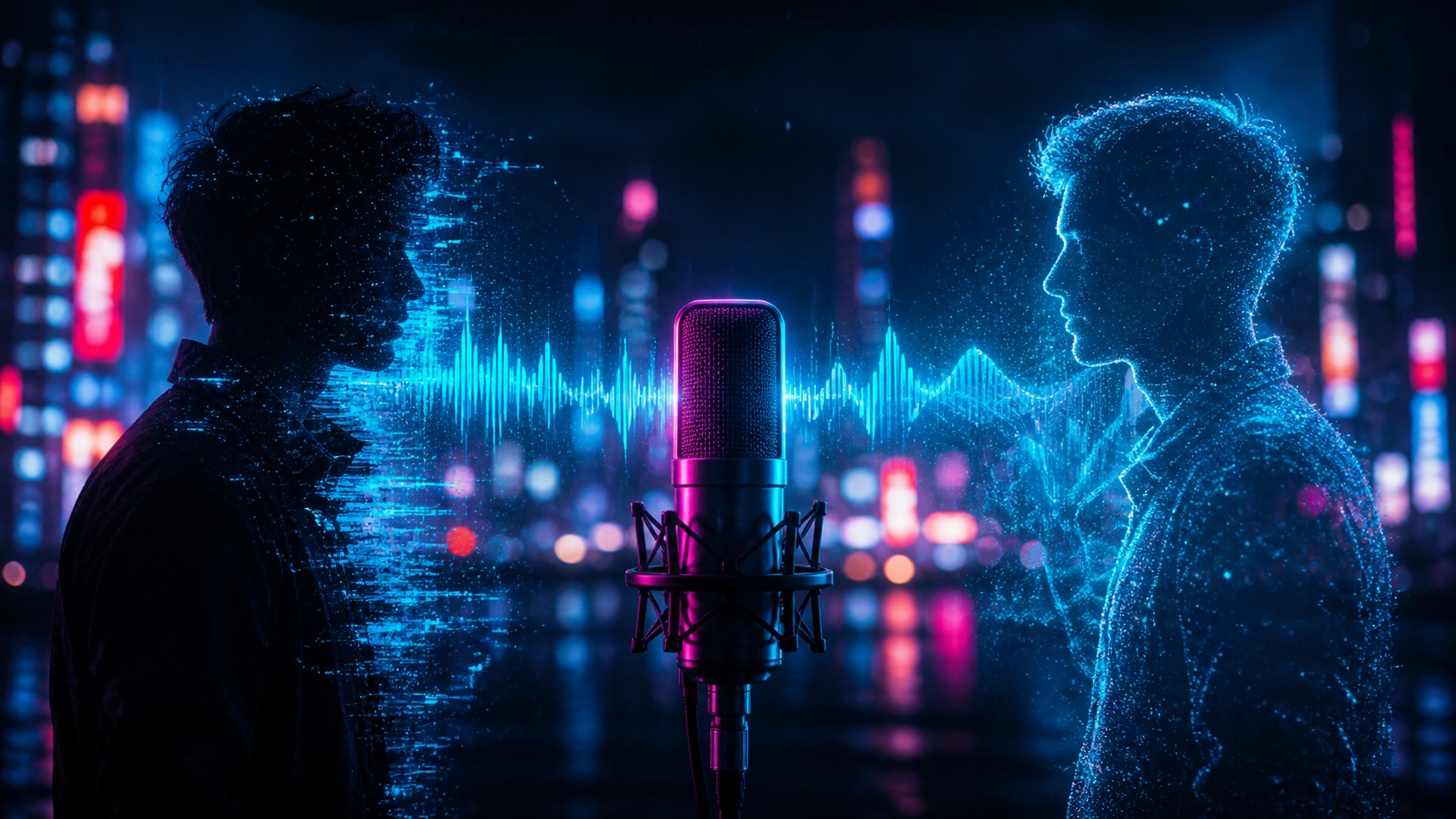 Silhouette humaine se dissolvant en ondes sonores, évoquant le clonage de voix par IA