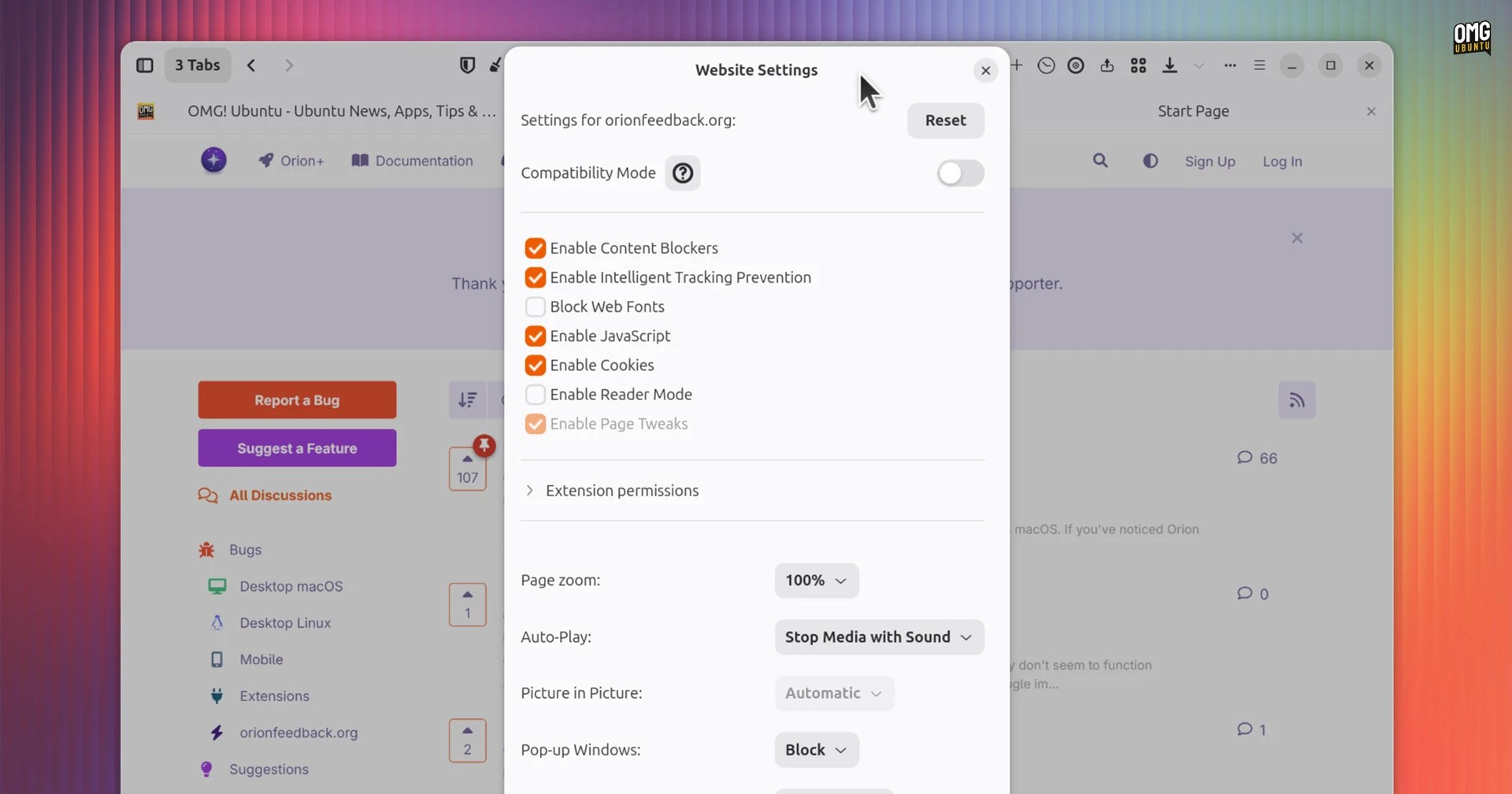 Interface du navigateur Orion sur Linux avec sa page de documentation ouverte