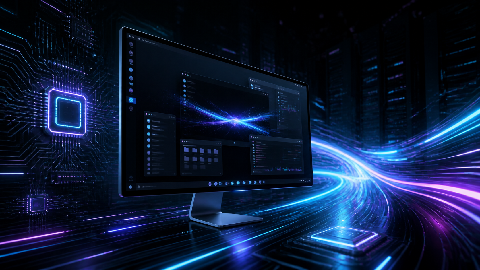 Bureau Linux futuriste sur un écran dans l'espace, avec circuits électroniques et serveurs en arrière-plan.
