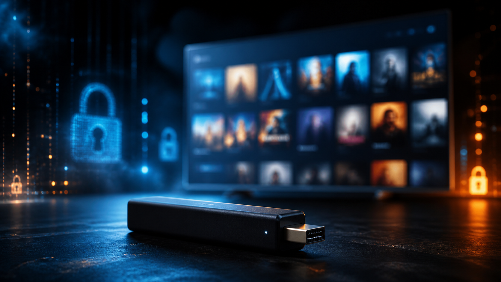 Un stick de streaming posé devant un écran de télévision, ambiance sombre et éclairée, verrouillage numérique en arrière-plan.