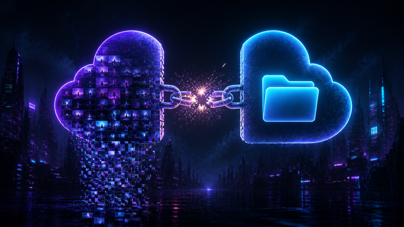 Nuage numérique scindé en deux, chaîne en train de se briser, illustration de la fin de la sauvegarde des photos entre Google Drive et Google Photos