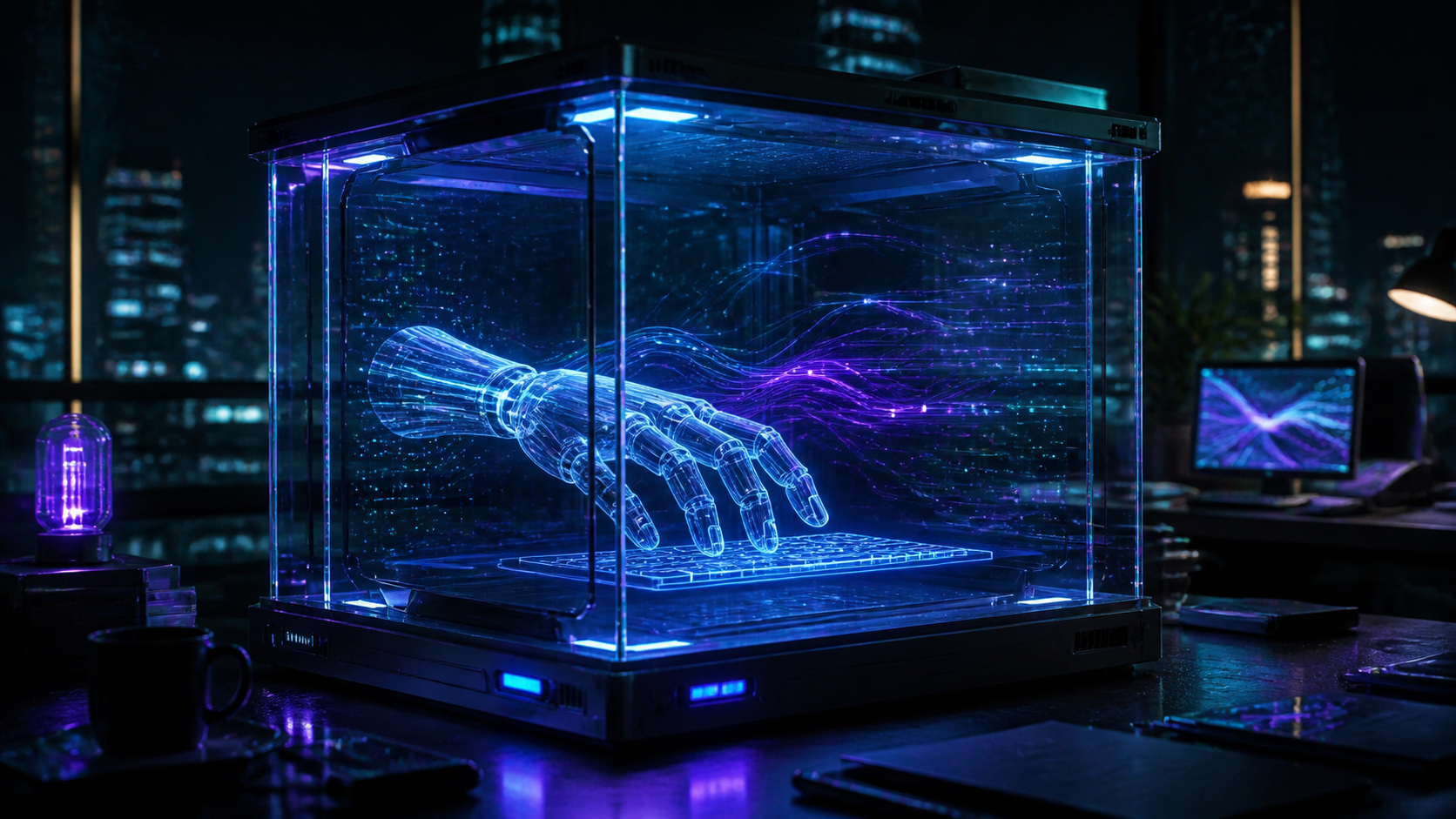 Chambre de confinement lumineuse avec une main robotique holographique qui tape sur un clavier virtuel, ambiance cyberpunk, illustration éditoriale.