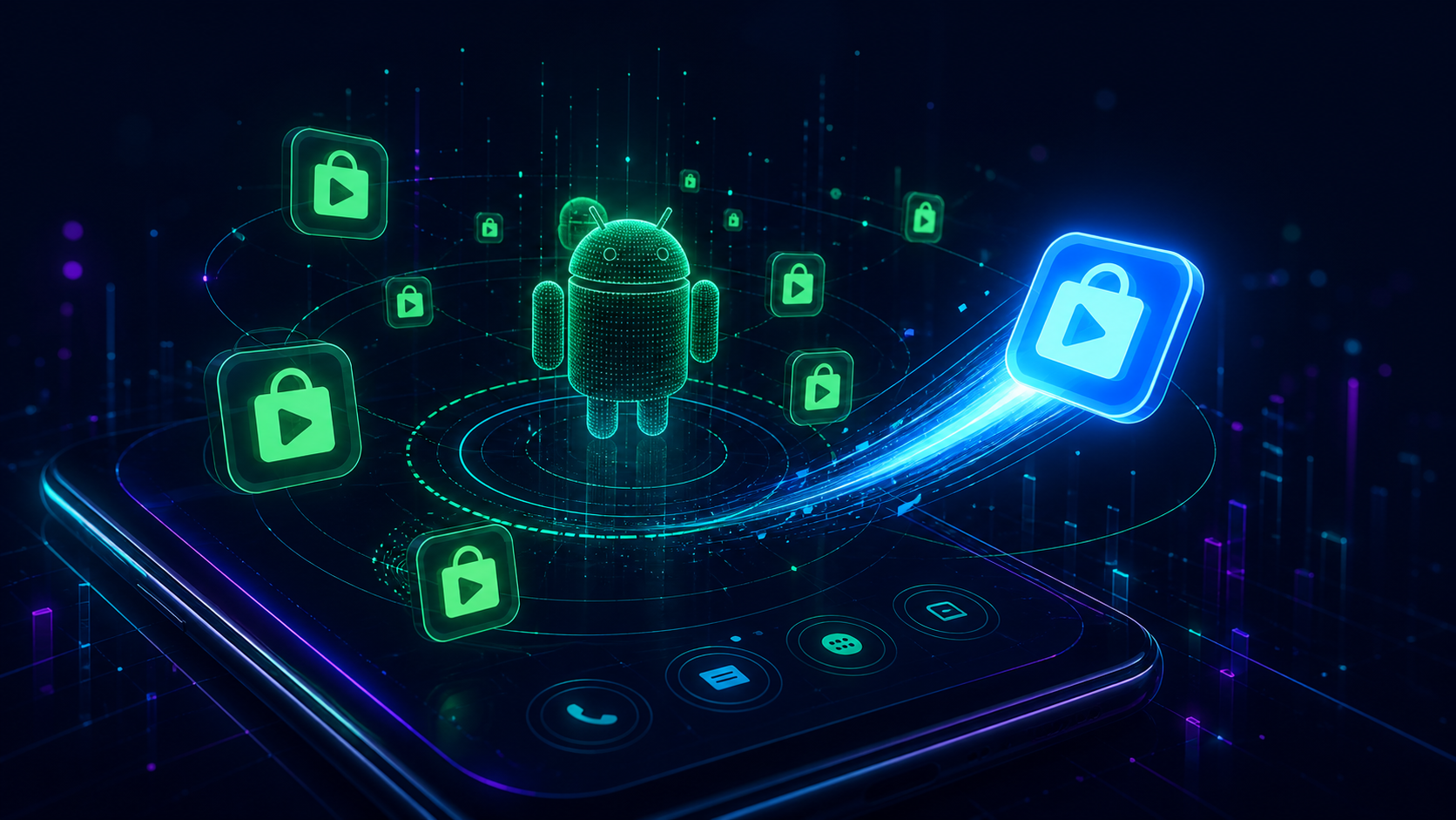 Magasins d’apps en orbite autour d’un téléphone Android, ambiance cyberpunk sombre