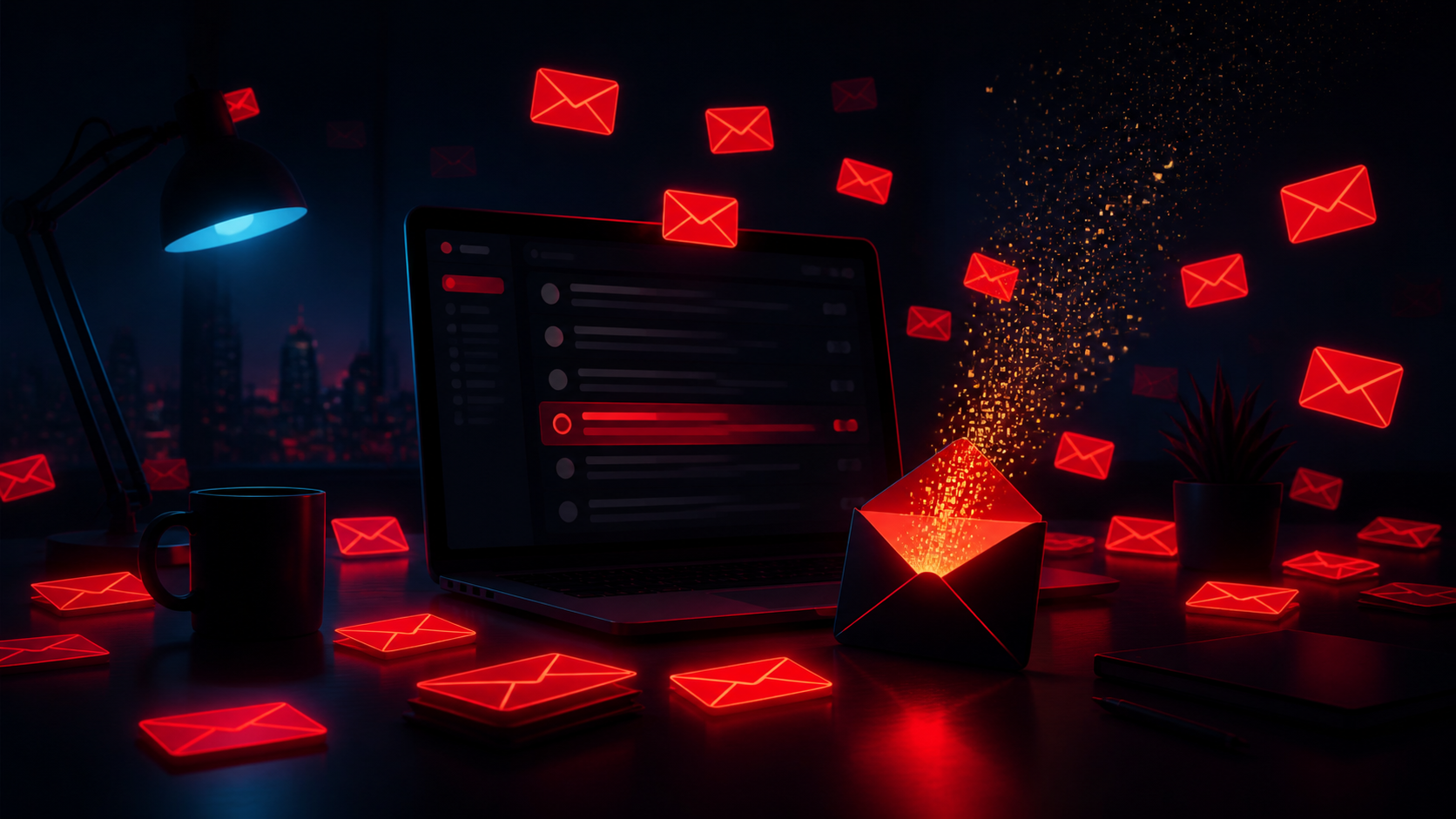 Enveloppes rouges et particules de données qui fuient d’une boîte mail la nuit, ambiance cyberpunk