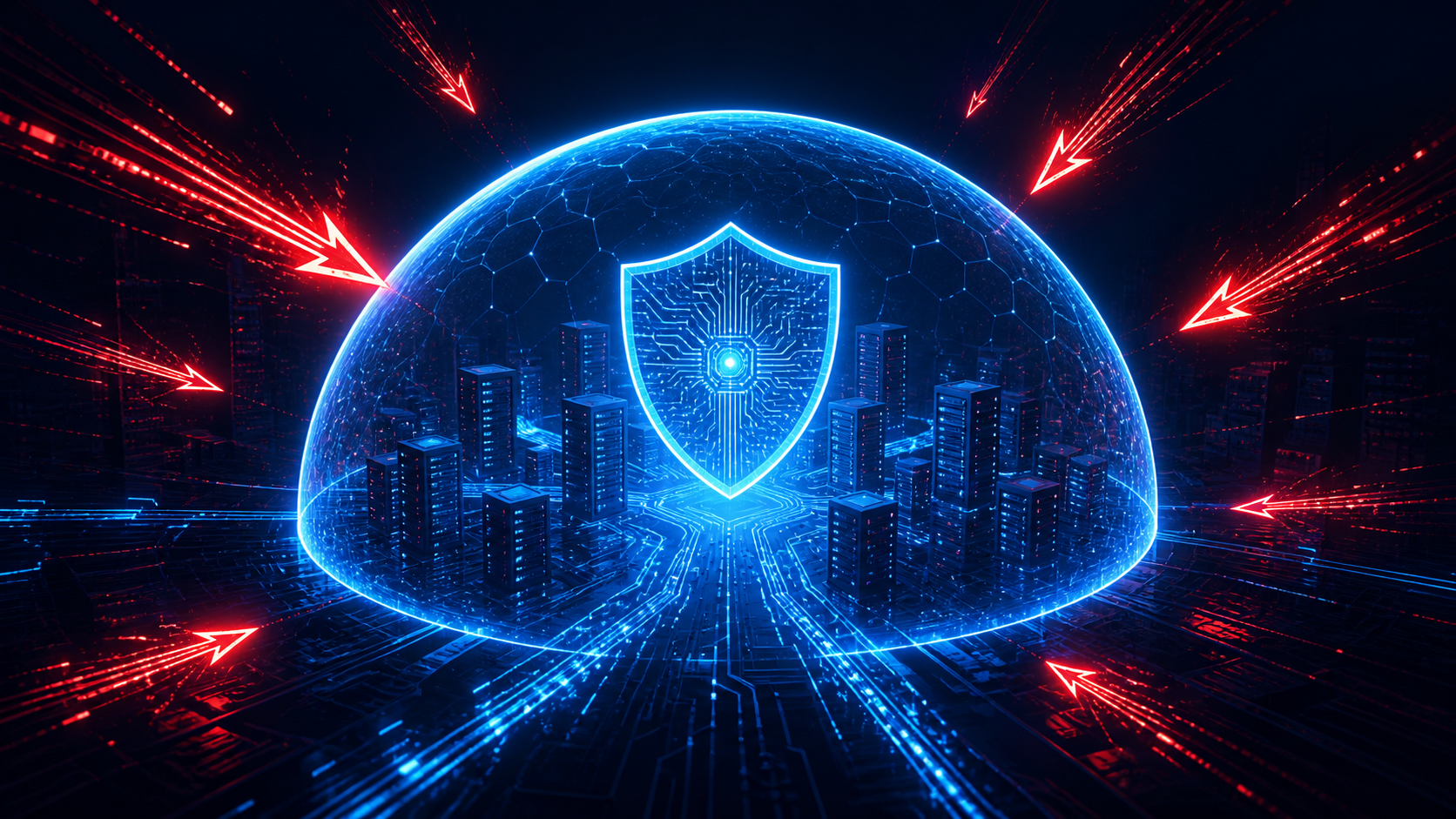 Bouclier numérique protégeant un réseau urbain contre des attaques rouges, ambiance cyberpunk sombre