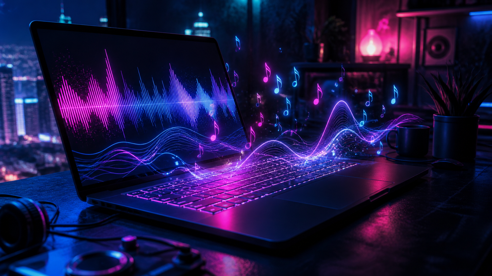 Ordinateur portable qui diffuse des ondes sonores et des notes de musique lumineuses, ambiance live coding cyberpunk, illustration éditoriale.