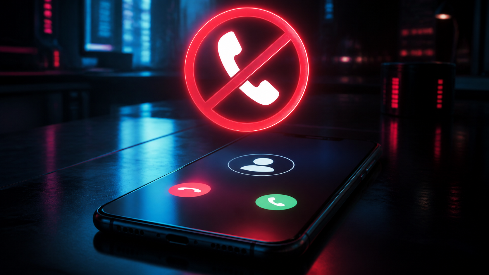 Un smartphone qui s’allume pour un appel entrant, surmonté d’un panneau d’interdiction, ambiance tech sombre.