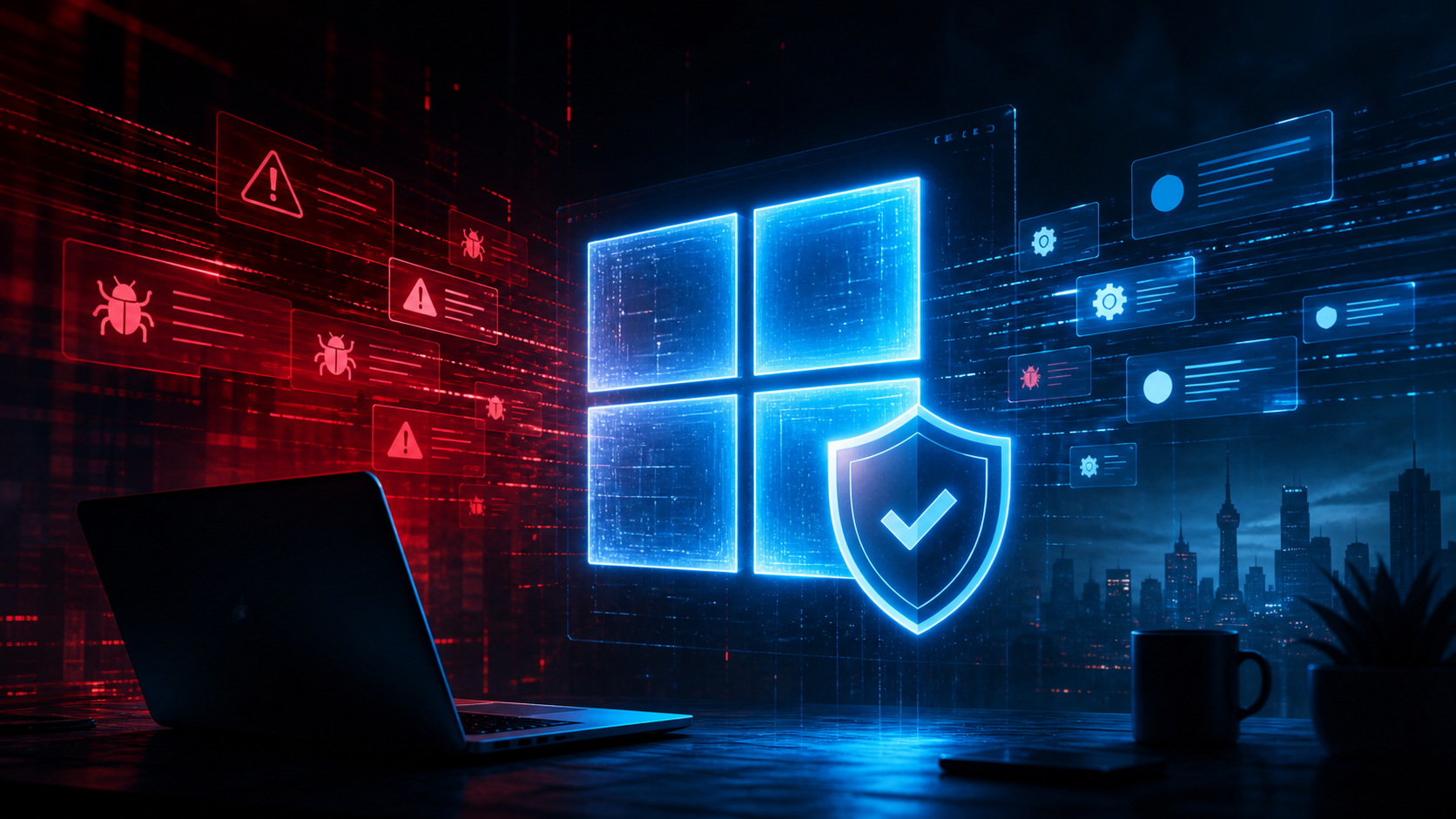 Écran de mises à jour Windows éclairé dans une ambiance cyberpunk sombre
