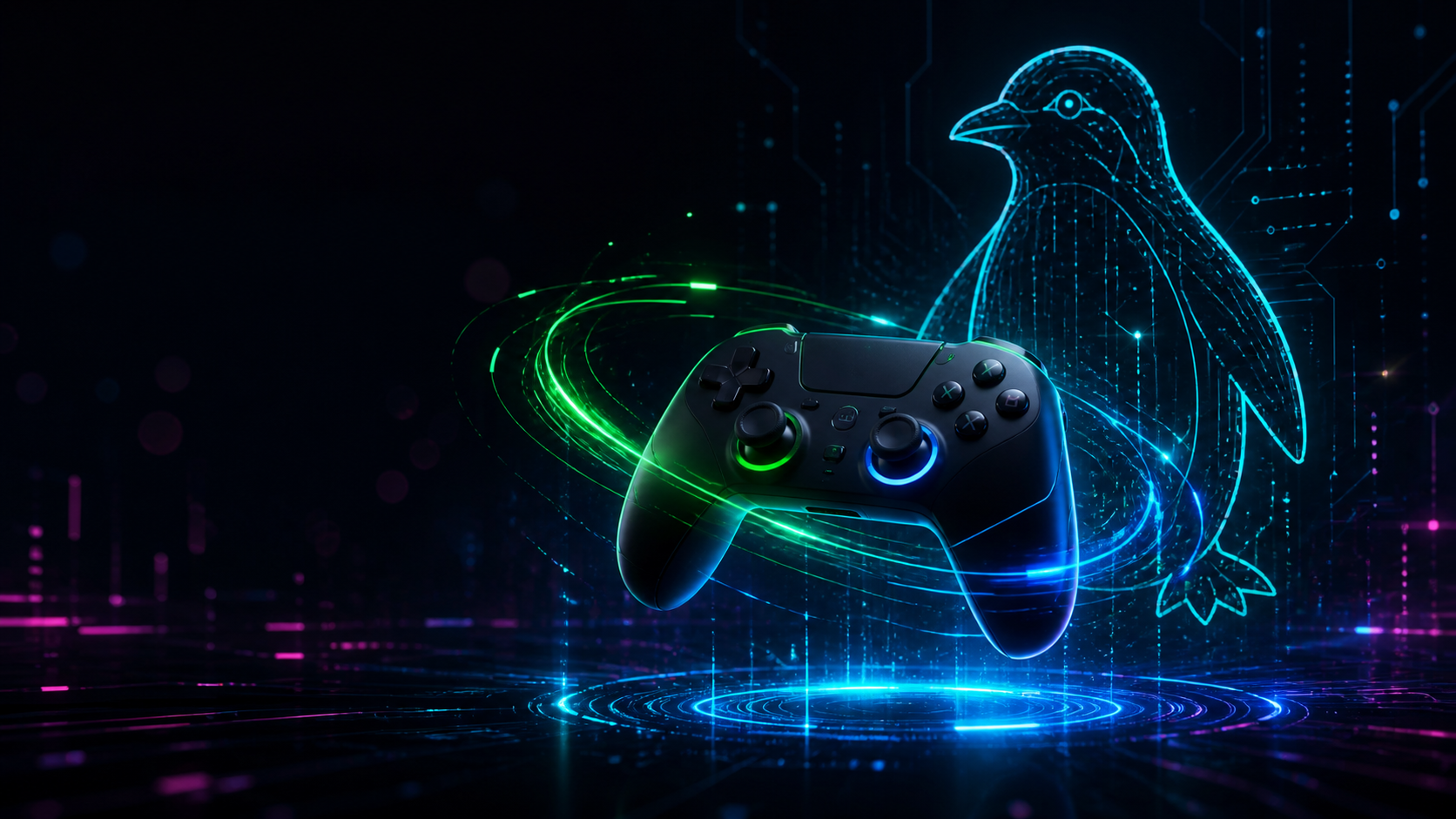 Manette de jeu lumineuse dans une ambiance cyberpunk sombre, clin d’œil à Linux et au Game Pass