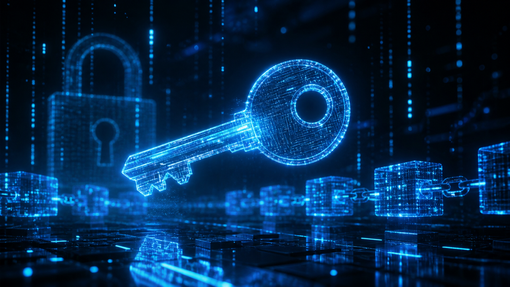 Clé de signature numérique lumineuse dans un environnement cyberpunk sombre, illustrant la sécurité des téléchargements Firefox