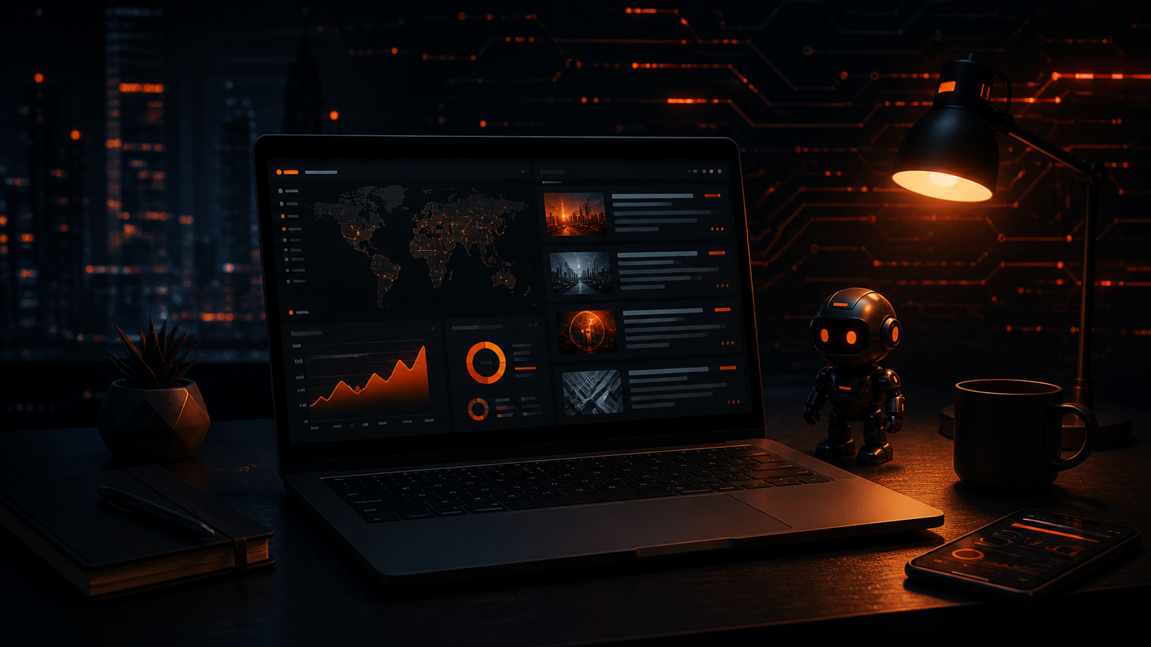 Revue technologique du 11 août 2026, illustration sombre avec écran et touches orange