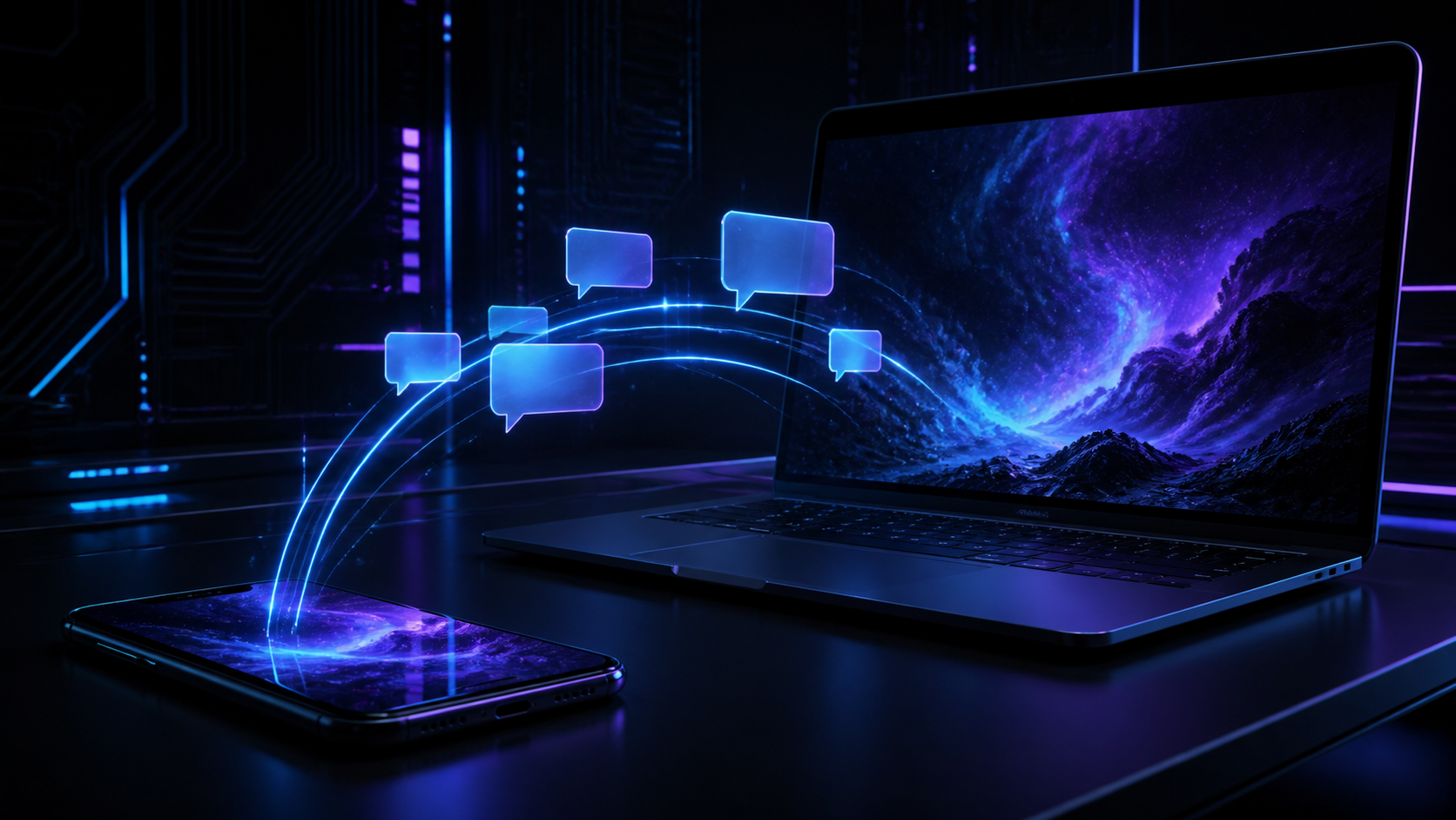 Smartphone et ordinateur portable Linux reliés par des ondes Bluetooth et des bulles de conversation, ambiance cyberpunk sombre, illustration éditoriale.