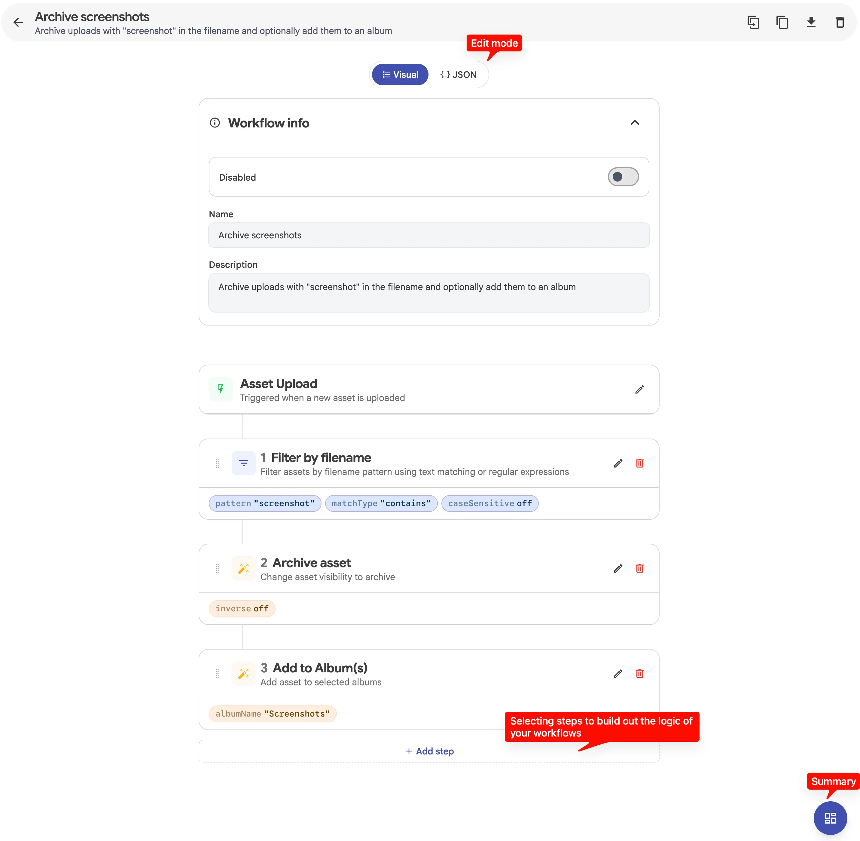 L'éditeur de workflows d'Immich v3.0