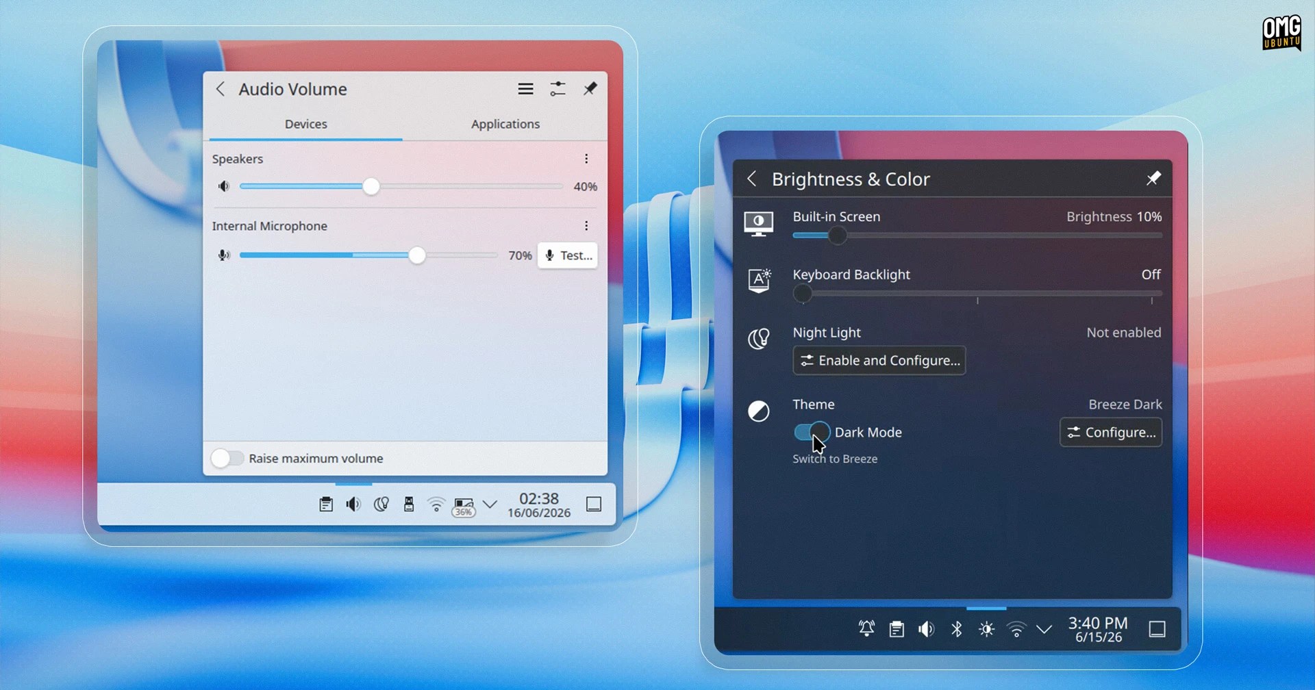 Réglages audio de Plasma 6.7 avec le test de micro dans la barre système