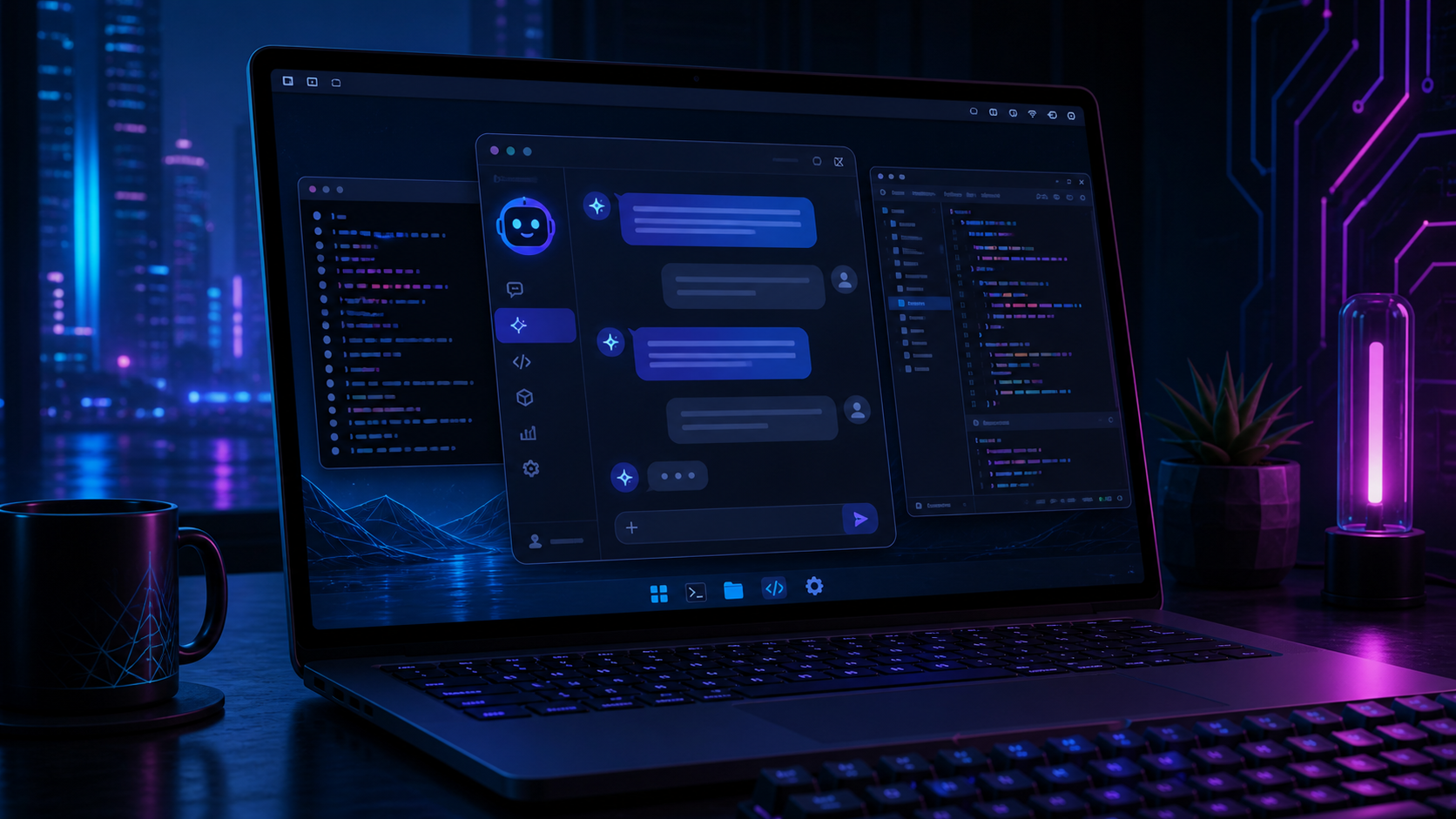 Illustration d'un bureau Linux avec une interface d'assistant IA, couverture de l'article ChatGPT pour Linux