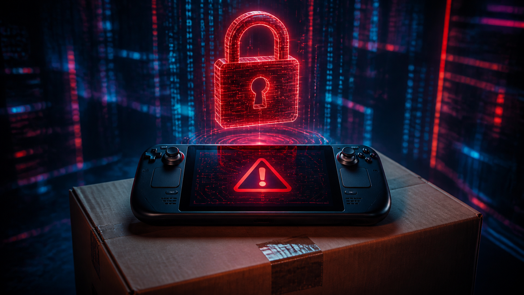 Console portable de jeu posée sur un carton de livraison, cadenas rouge lumineux et triangle d'alerte holographique, ambiance cyberpunk sombre