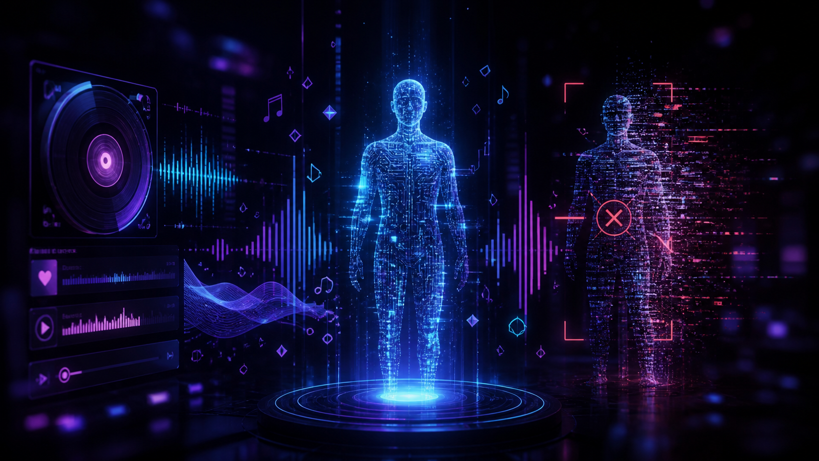Illustration sombre et cyberpunk d'un profil d'artiste numérique qui se dissout en parasites, thème des artistes IA sur les plateformes de streaming