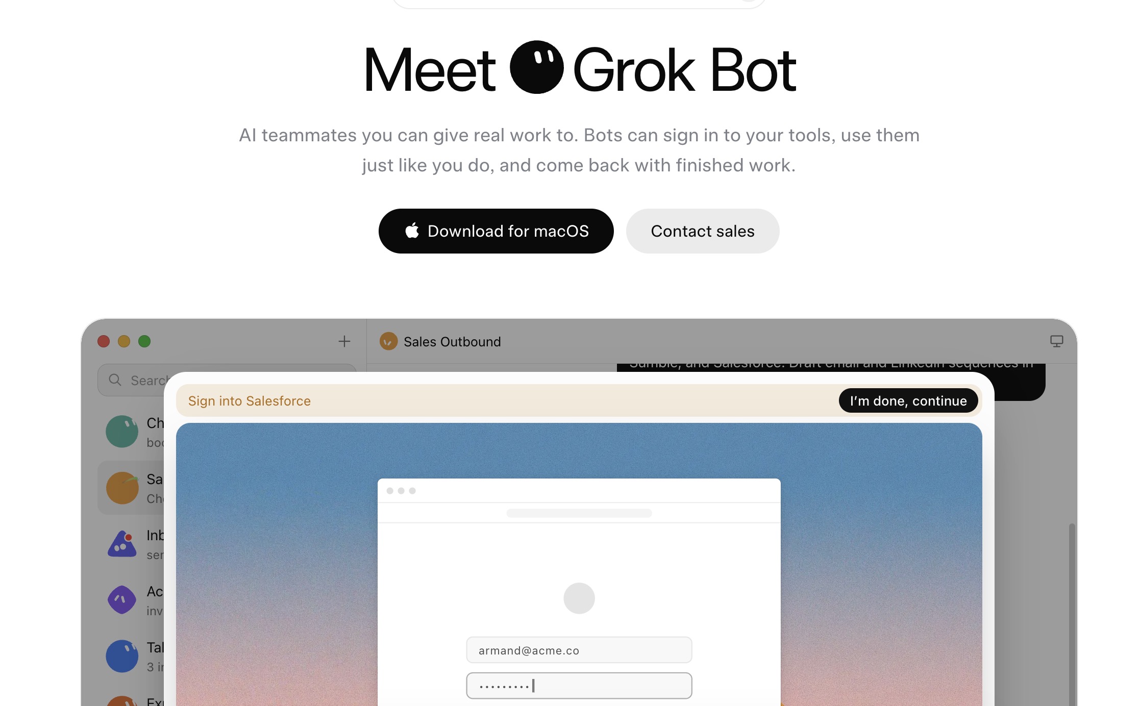 Interface de Grok Bot : accueil de la bêta avec connexion aux outils comme Salesforce