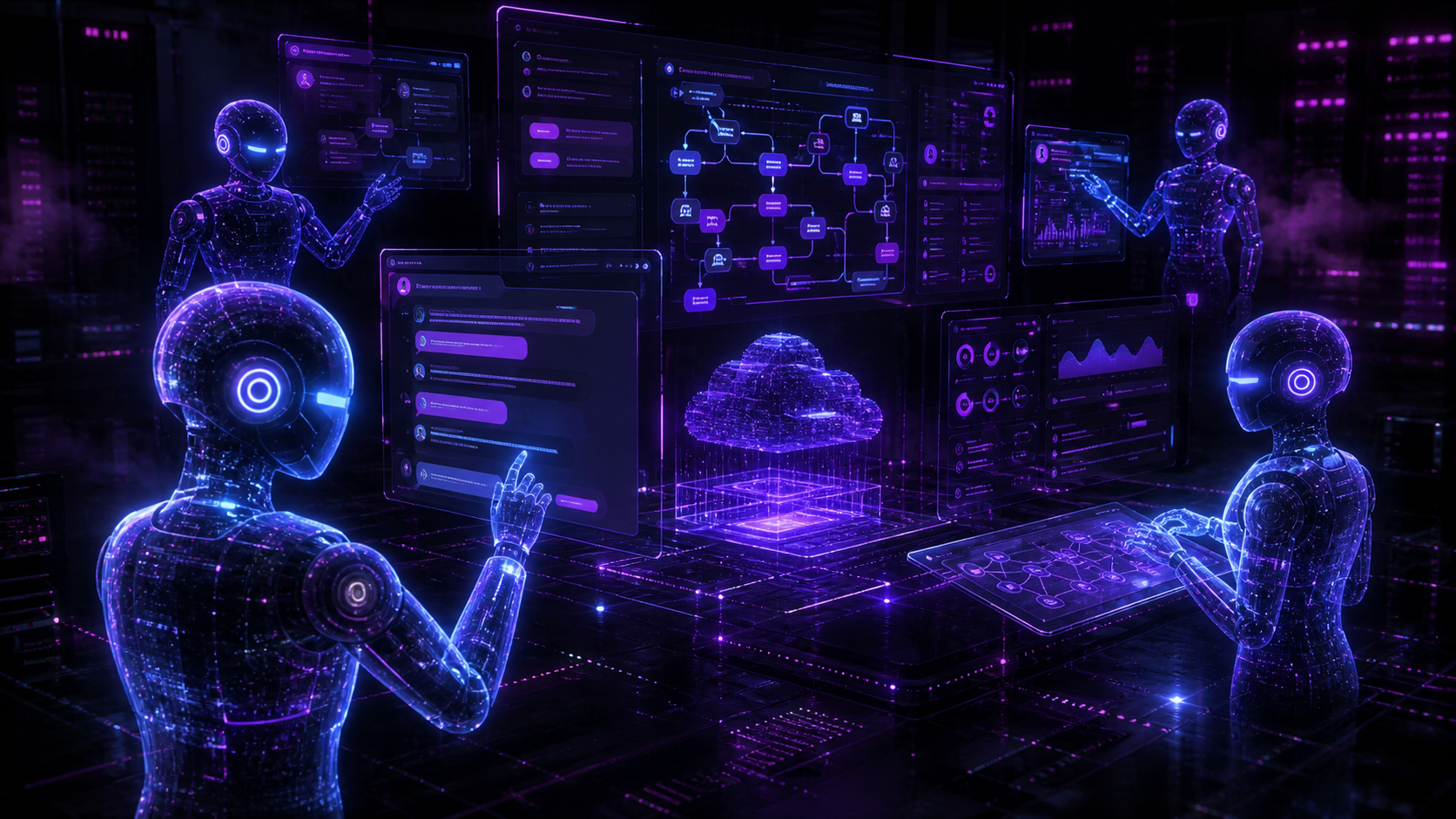Agents IA holographiques collaborant dans un ordinateur cloud, style sombre et néon violet