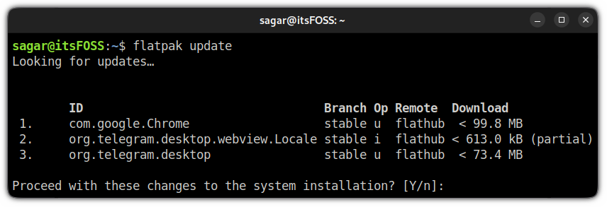 Capture de la commande flatpak update dans un terminal, montrant les mises à jour de Chrome et Telegram en cours d'installation